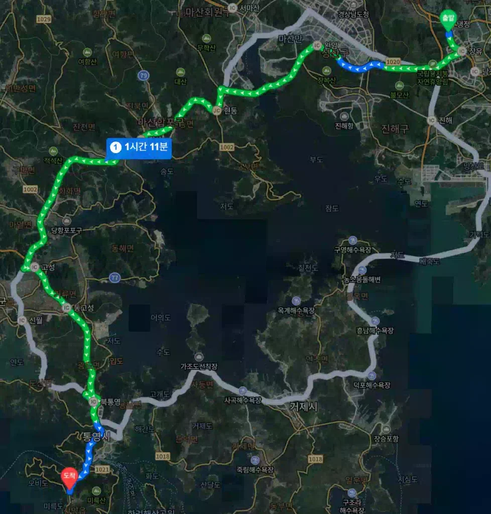 장유휴게소에서 통영 미끼천국까지 경로 Route from Jangyu Rest Area to Tongyeong Bait Heaven