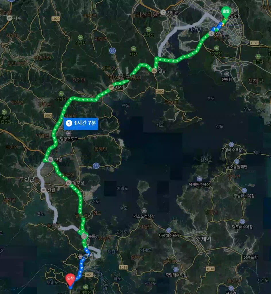 창원 슈퍼차저에서 통영 미끼천국까지 경로 Route from Changwon Supercharger to Tongyeong Bait Heaven