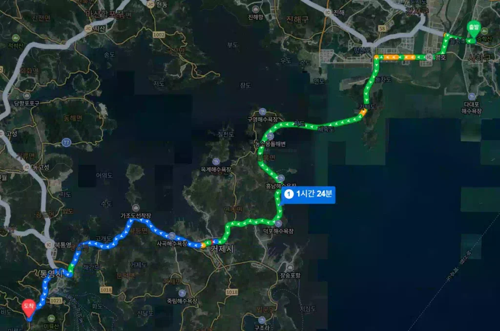 하단 슈퍼차저에서 통영 미끼천국까지 경로 Route from Hadan Supercharger to Tongyeong Bait Heaven