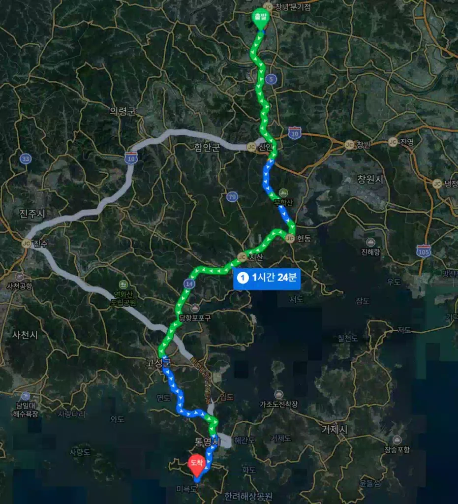 영산휴게소에서 통영 미끼천국까지 경로 Route from Yeongsan Rest Area to Tongyeong Bait Heaven